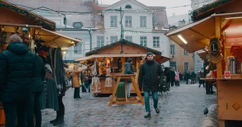 People Walking through the Old Town Christmas Market - Tallinn, Estonia (4K) Stock Footage 101353729