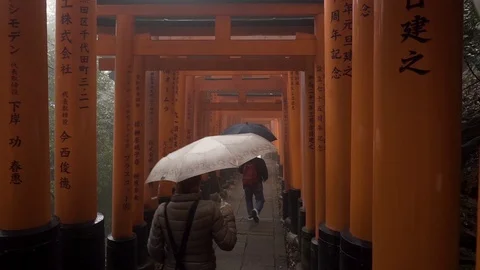 People walking through Torii Gates during the rainy season Vidéo 79401801