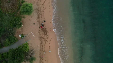 People walking through waves as they crash onto beach Stock Footage 163928974