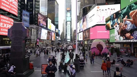 People walking on Times Square. Sightseeing in NYC. Elevated view Stock Footage 200312327