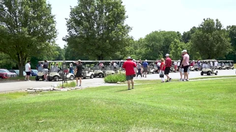 People Walking Toward a Row of Motorized Carts Outdoors Stock Footage 338119822