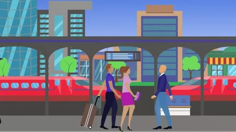People walking in the train station, 2d animation Stock Footage 308376343
