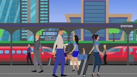 People walking in the train station, 2d animation 库存影片 308376387