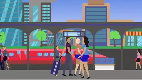 People walking in the train station, 2d animation 库存影片 308376401
