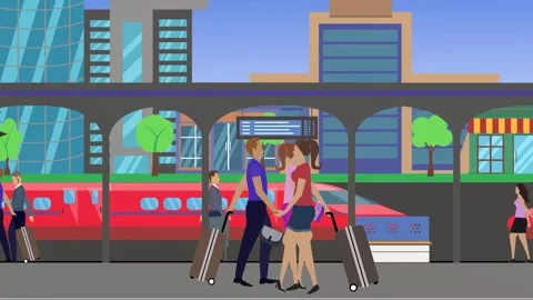 People walking in the train station, 2d animation Stock Footage 308376410