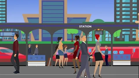People walking in the train station, 2d animation Vídeos de archivo 308376440