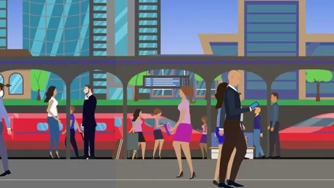 People walking in the train station, 2d animation Vídeos de archivo 308376442