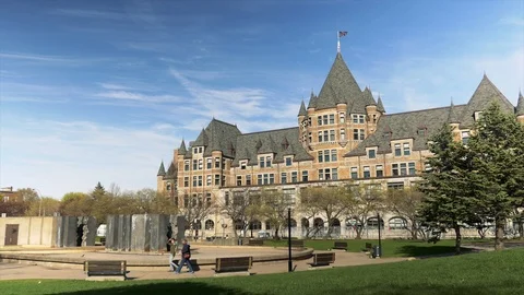 People walking in the Viger Parc in front of Gare Viger Wide Stock Footage 108600158