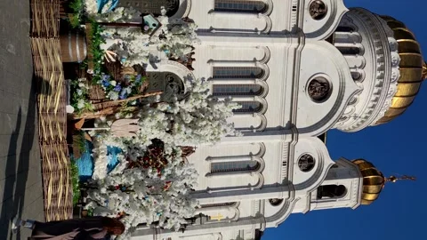 People walks by Easter decorations in Moscow Stock Footage 244340335