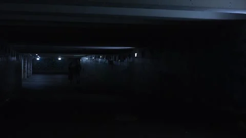 People walks through an underground passage at night. Stock Footage 85980165