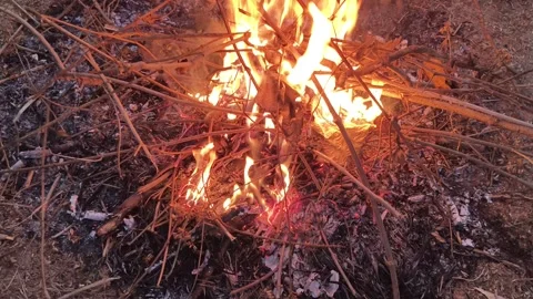 People warming their hands and feet over a glowing campfire. Видео 326651304