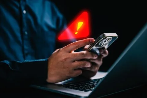 People with warning notification and spam message icon on mobile phone Stock Photos