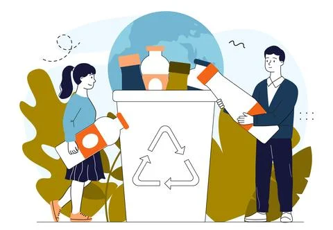 People with waste processing. Man and woman with plastic bottles near container Illustrazione stock