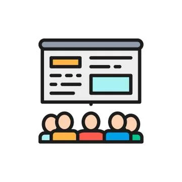 People watch presentation on an interactive whiteboard flat color line icon. Illustrazione stock