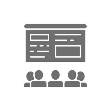 People watch presentation on an interactive whiteboard grey icon. Stock Illustration
