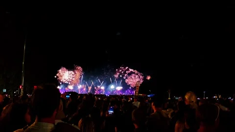 People watching colorful fireworks exploding over Lake Annecy during festival Stock Footage 336300085