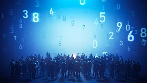 People watching digital data presentation on screen with floating numbers in Stock Illustration