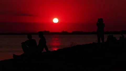 People Watching the Sunset on the Beach Stock Footage 161361037
