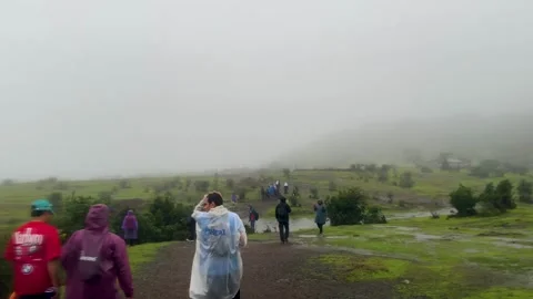 People wearing ponchos walking down a muddy path in a foggy valley Vídeo Stock 339316994
