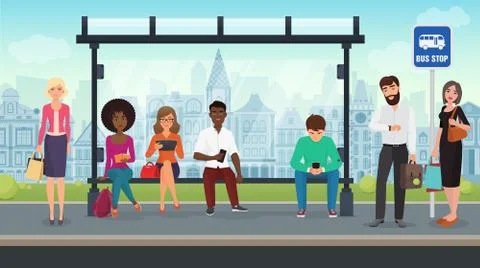 People were sitting at the modern bus stop. Vector illustration. Ilustración de archivo