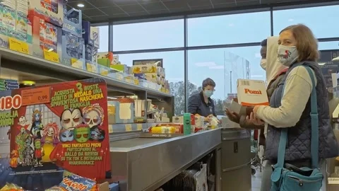 People While Wears Mask Stand In Queue To Checkout Line During Pandemic Stock Footage 141920519