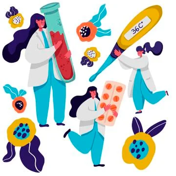 People in white coats flat vector illustrations set. Scientist and assistant, Stock Illustration