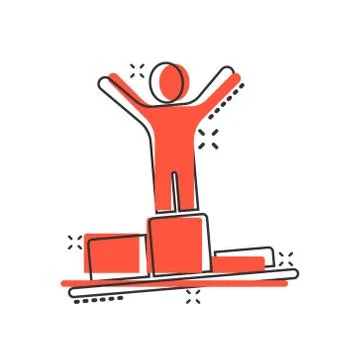 People win icon in comic style. Champion on podium cartoon vector illustratio Stock Illustration