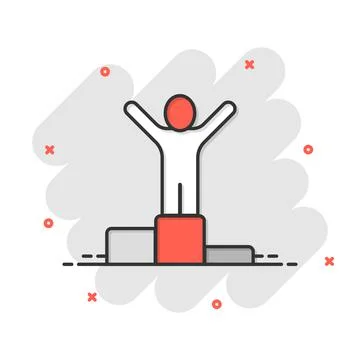 People win icon in comic style. Champion on podium cartoon vector illustratio Stock Illustration