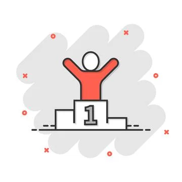 People win icon in comic style. Champion on podium cartoon vector illustratio Illustrazione stock