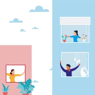 People at the window doing dance exercises at home Illustrazione stock