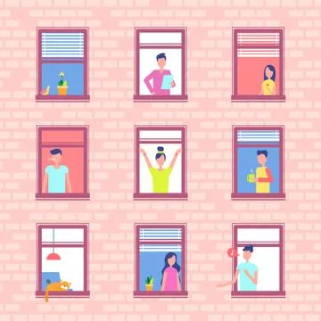 People in Window Frames inside Red Brick Wall Stock Illustration