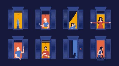 People in window frames. Neighbors evening live in apartments. Night. Ilustración de archivo