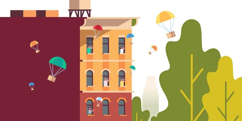 People in windows catching parcel boxes falling down with parachute from sky Stock Illustration