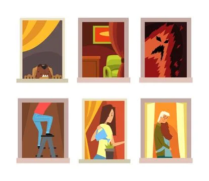 People in windows frames set. Scenes of urban residents doing daily things in Ilustración de archivo