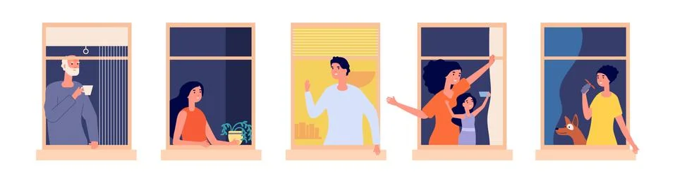 People in windows. Home time, family together. Woman make selfie, man drink Stock Illustration