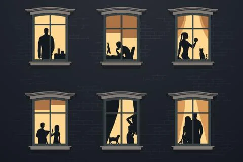 People in windows at night Stock Illustration