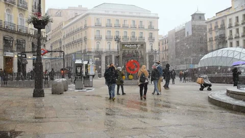 People in winter clothes walking under the historic snowfall Filomena-Madrid Stock Footage 234612984