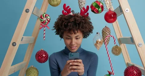 People winter holidays and technology concept. Cheerful dark skinned woman Stock Footage 144056104