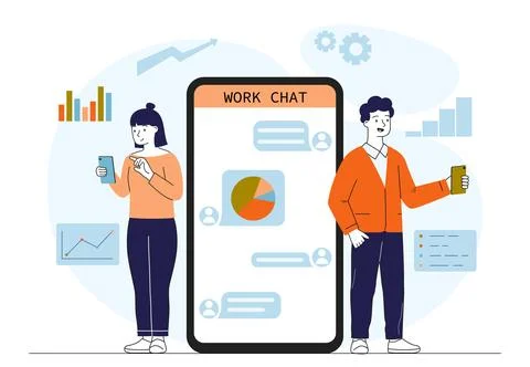 People with work chat. Man and woman near smartphone with graphs and diagrams Stock-Illustration