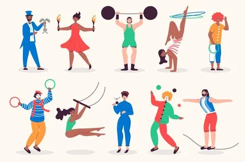People work in circus set in flat design. Men and women performing as juggler Stock Illustration