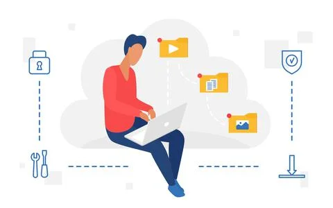 People work with cloud web storage service, man user using laptop to download Illustrazione stock