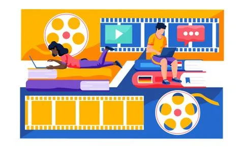 People work on a computer while on books. Online cinema. Watching a movie on the 스톡 일러스트