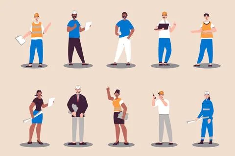 People work as engineers set in flat design. Men and women with helmets hold  스톡 일러스트