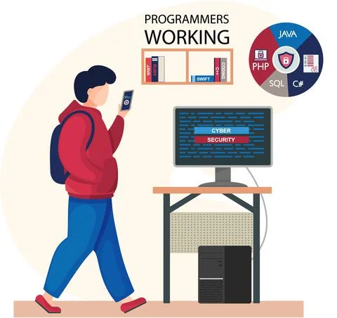 People work in field of cyber security. Programmer working on web development on Stock Illustration
