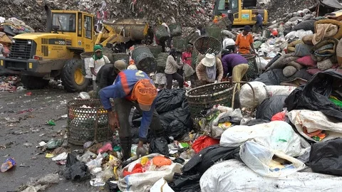 People work on garbage dump Jakarta, poverty pollution Indonesia Asia Stock Footage 78444652
