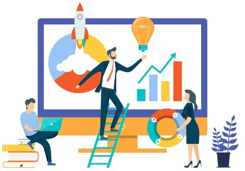 People work with information on computers and implement new ideas and start. Stock Illustration
