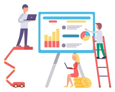 People Work on Laptop, Analytics Charts for Report Illustrazione stock