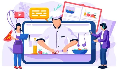 People work with laptop and phone. On the screen chef slices paprika. Online Stock Illustration