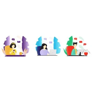 People work on laptops and study remote. Learning languages from home while p Stock Illustration