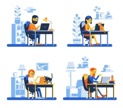 People work with laptops sitting at the table Stock Illustration
